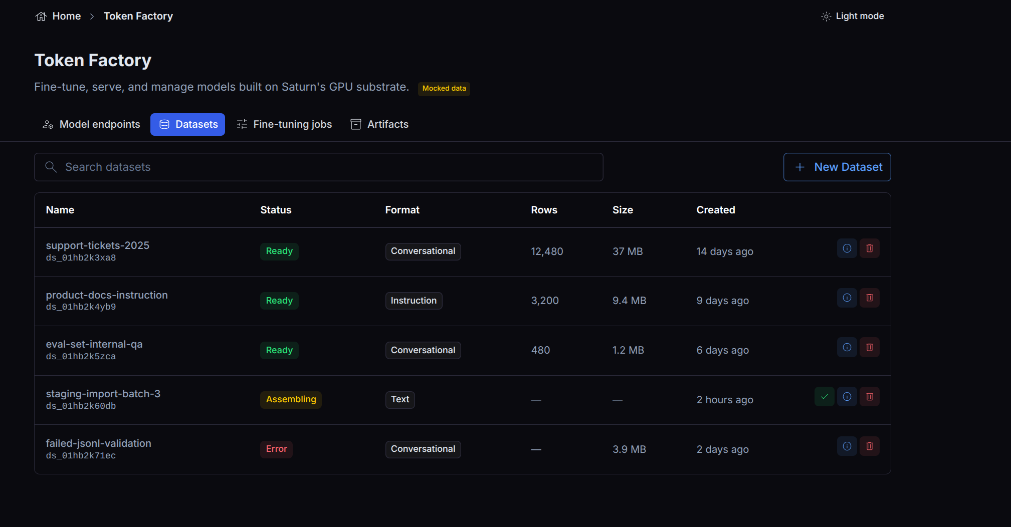 Token Factory datasets list showing name, status, format, rows, size, and creation time for each dataset