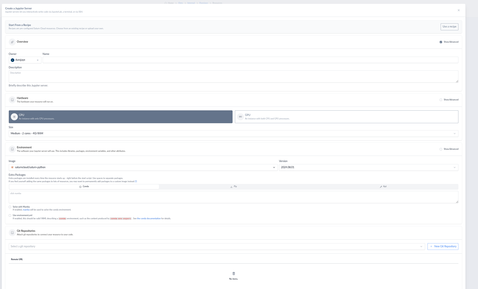 Jupyter server creation form showing all available options
