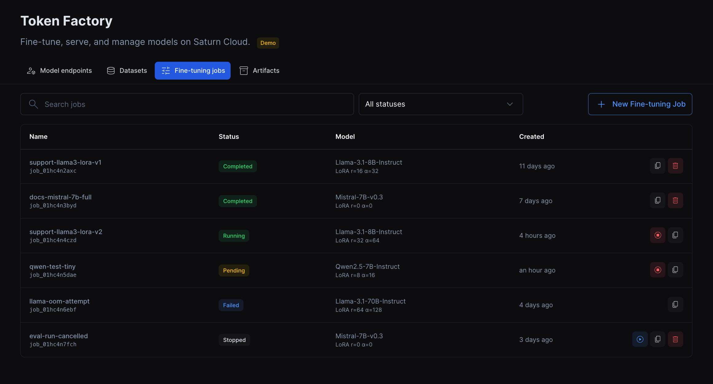 Fine-tuning jobs in Token Factory, full-weight and LoRA runs across statuses